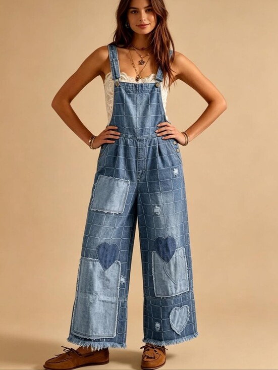 Denim - Light Blue Denim Heart Patchwork Wide-Leg Overalls. NWT